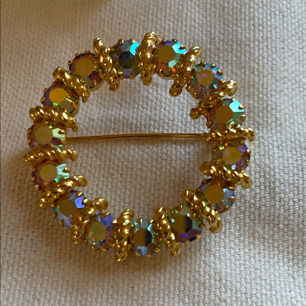 Gold and Aurora Borealis  Rhinestone Brooch
They were my moms so from 50 s